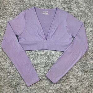 Garage Ribbed V-Neck Crop Top Womens L Purple Long Sleeve Athleisure Yoga Y2K
